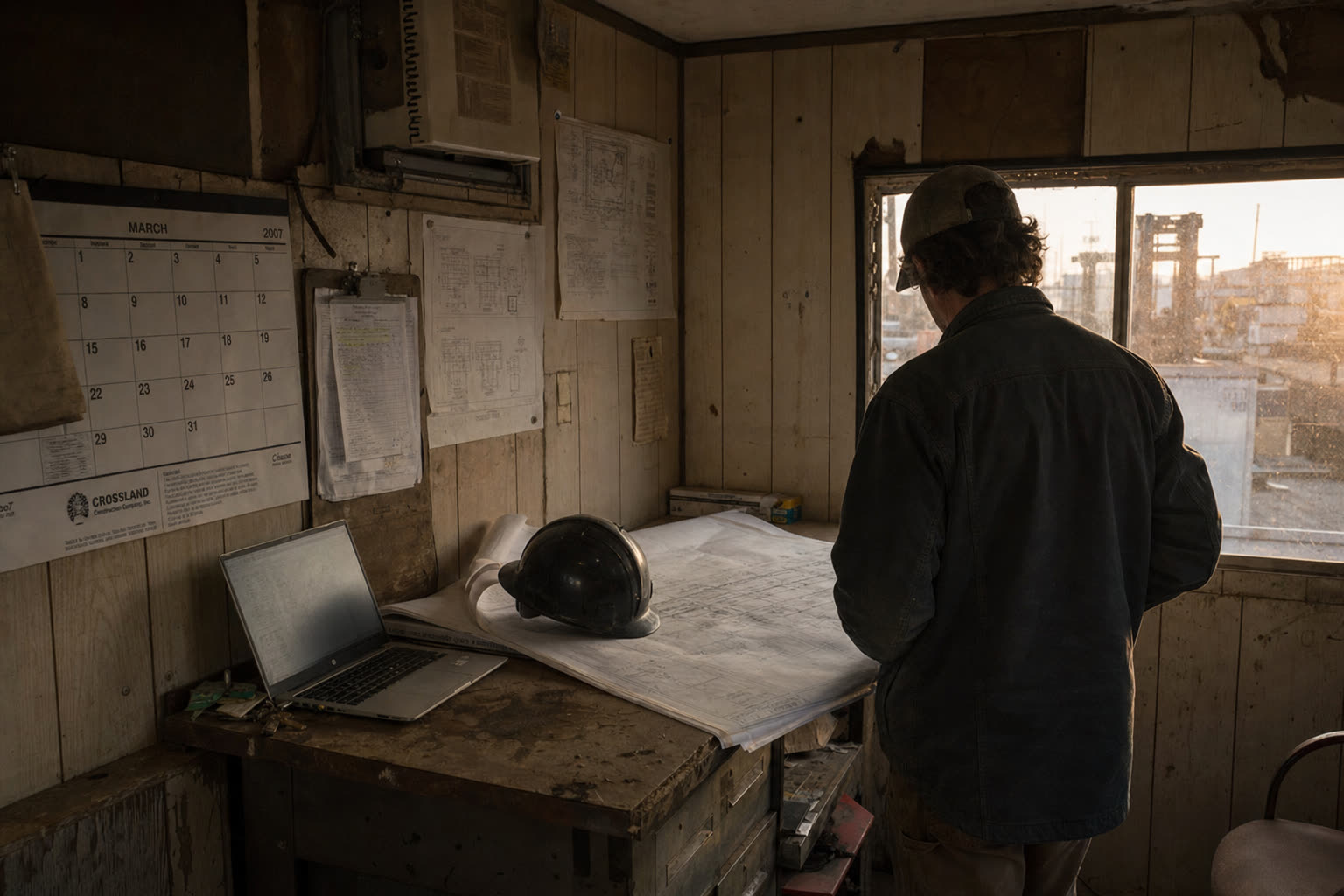 A worn jobsite trailer interior at dawn — construction drawings unrolled on a table, a hard hat resting beside a laptop.