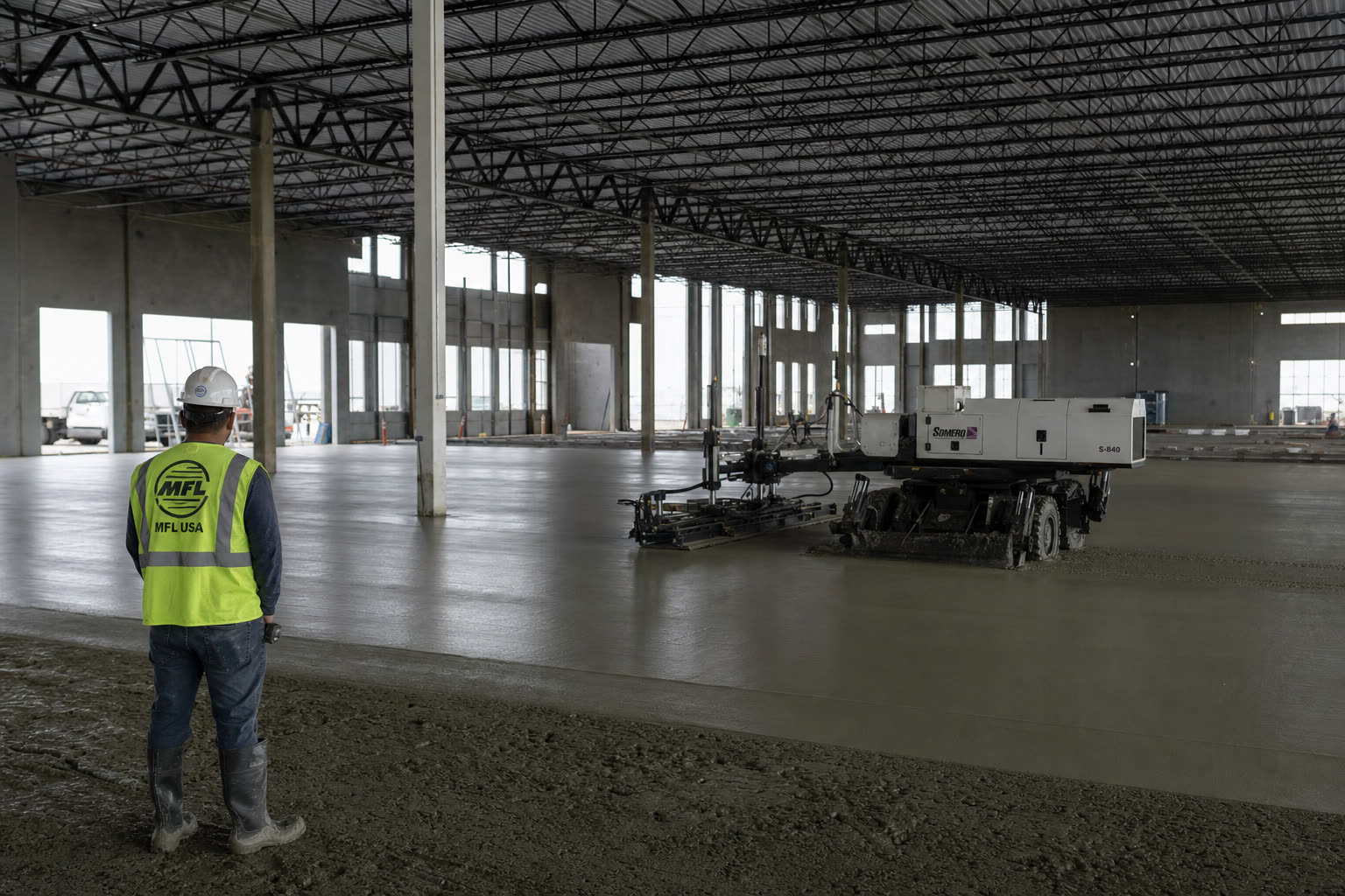 A concrete finishing robot operating on a large warehouse floor slab while a worker observes from the side.
