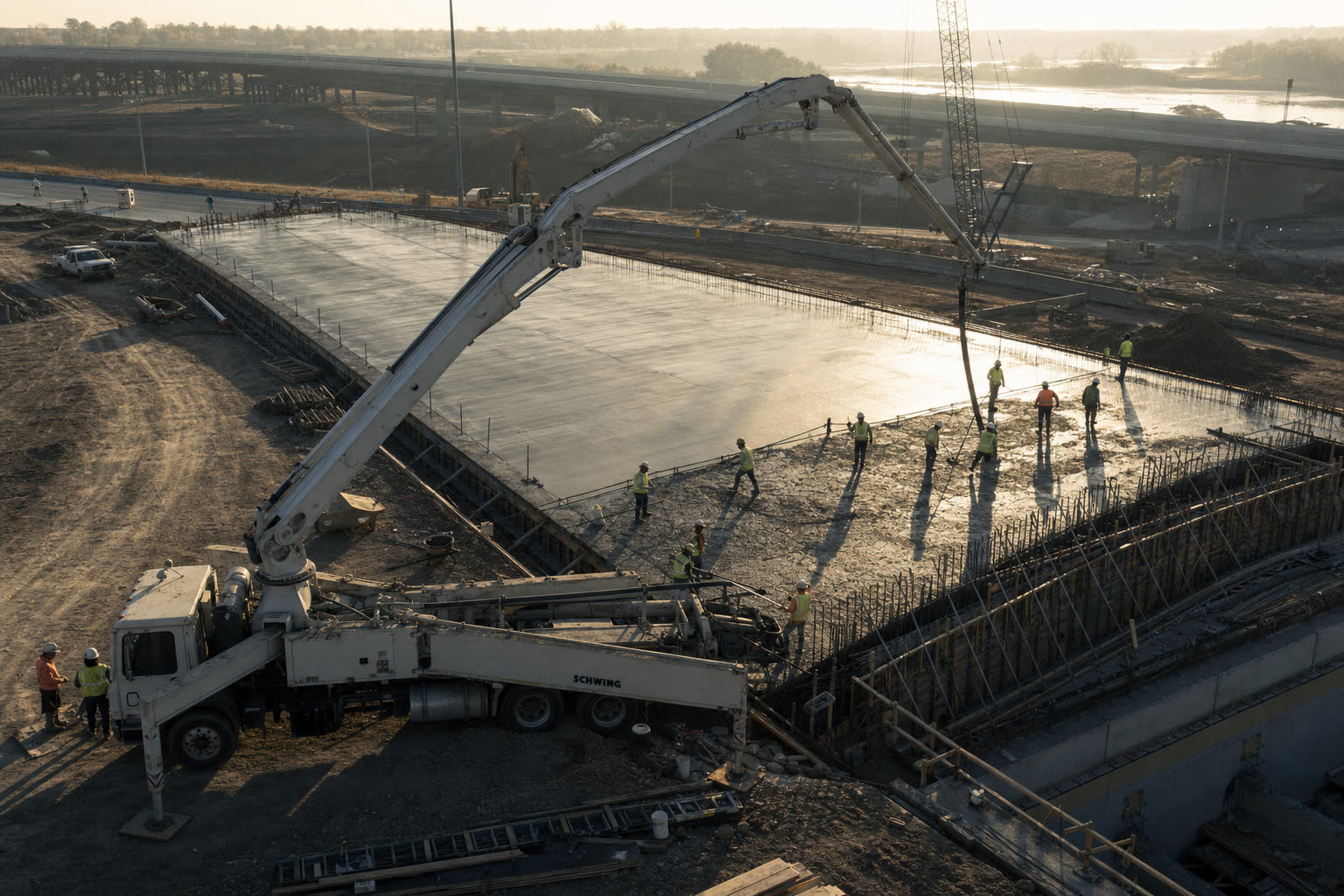 Elevated view of a large concrete slab pour, a pump truck in the foreground and crew directing the pour.