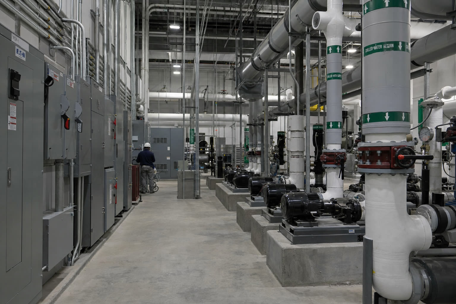 Interior of a large mechanical room with rows of pumps, pipes, and electrical panels during commissioning.