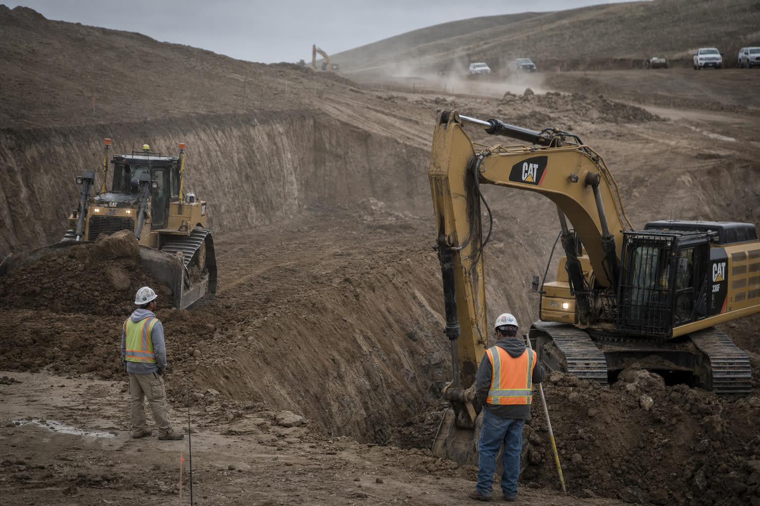 Civil earthwork site with heavy equipment operating close to ground crews in safety gear.