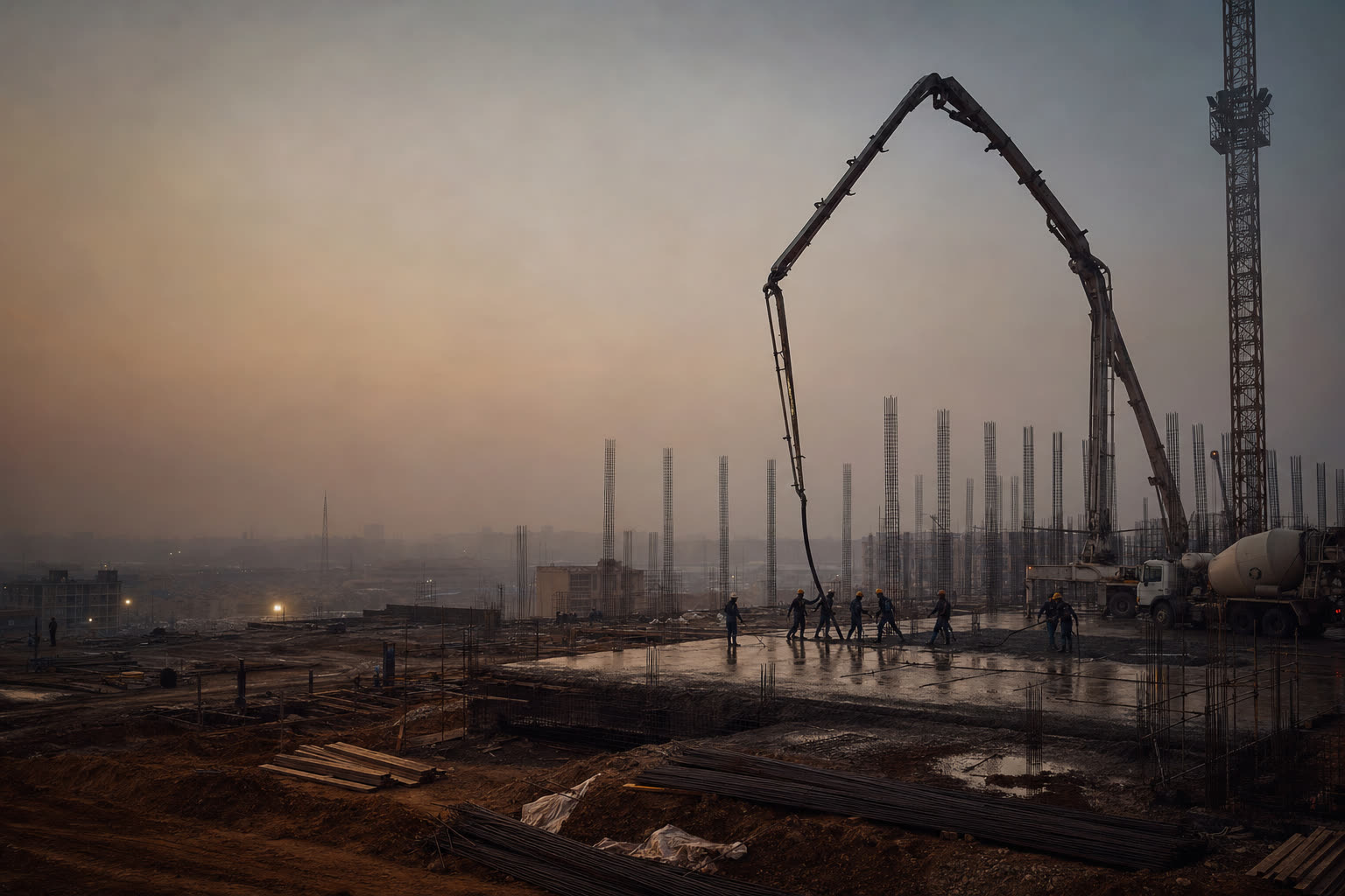 A large construction site at dusk, a concrete pour underway beneath a pump truck with crew working in low light.