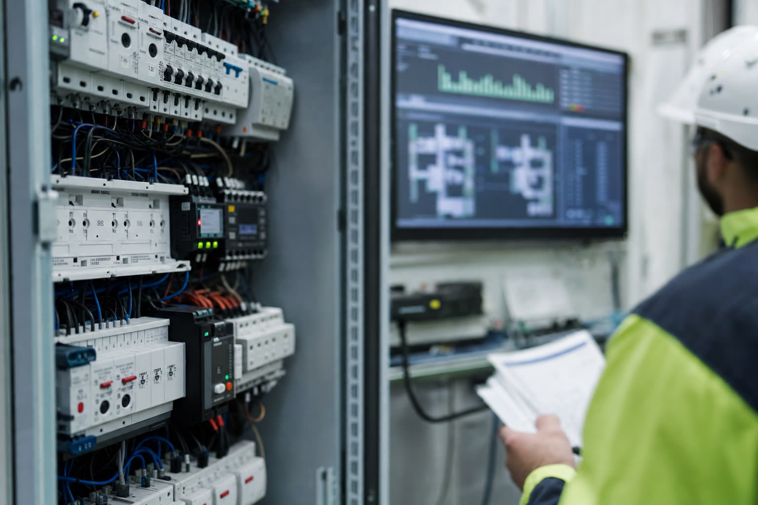 Close-up of an industrial control panel beside a monitor showing program data, a worker reviewing it.