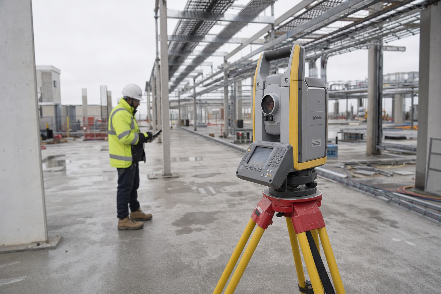 A robotic total station survey instrument on a tripod on a construction floor slab, a worker nearby.