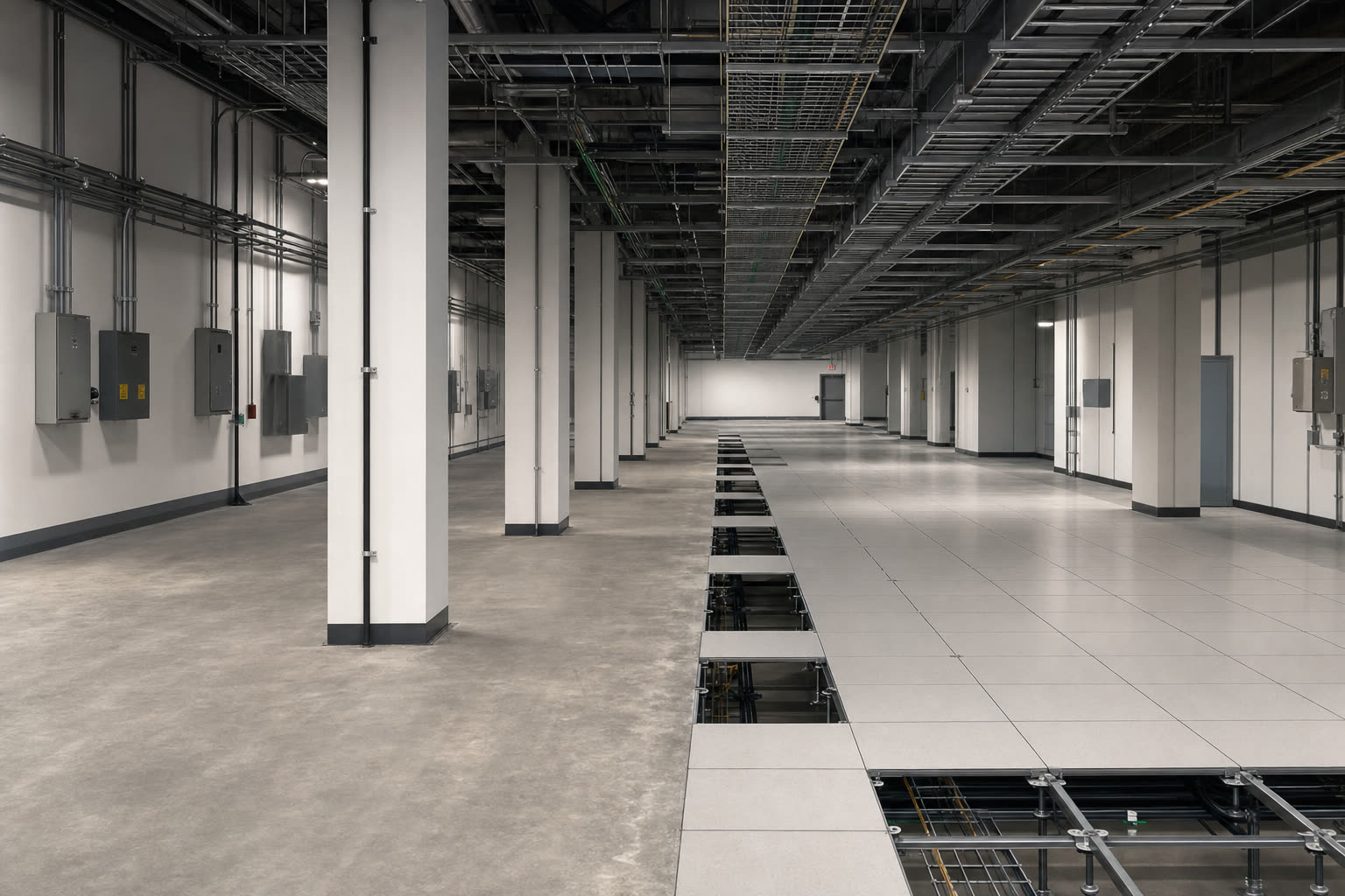 Empty data center server hall before equipment installation, with cable trays overhead.